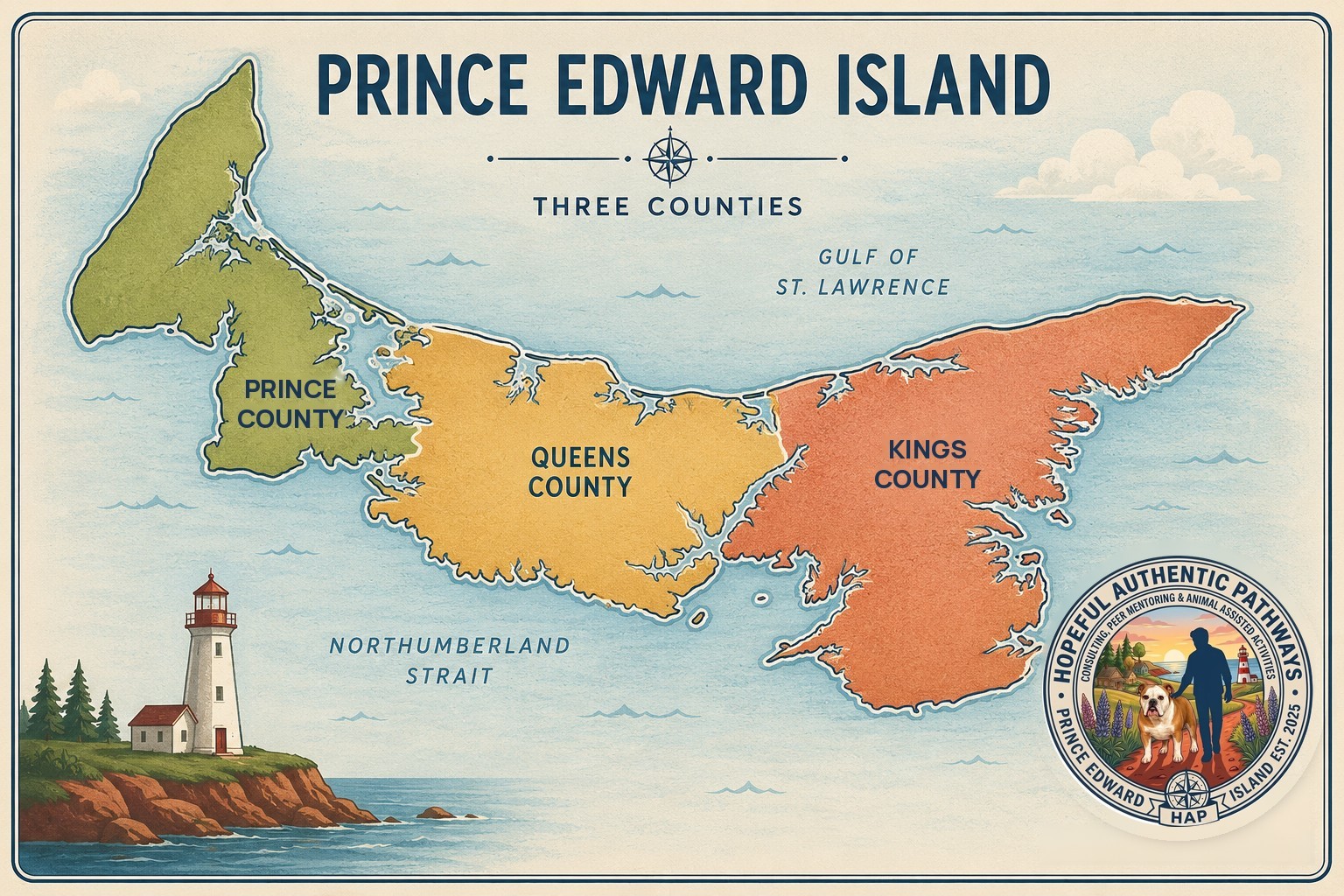 Map of Prince Edward Island showing Queens, Kings, and Prince Counties